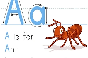 Litera A mare și mică alături de o furnică desenată și textul A is for Ant
