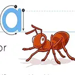 Litera A mare și mică alături de o furnică desenată și textul A is for Ant