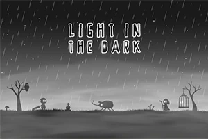 Siluetă de peisaj sumbru cu ploaie, copaci uscați, creaturi și o cușcă, având textul Light in the Dark deasupra