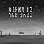 Siluetă de peisaj sumbru cu ploaie, copaci uscați, creaturi și o cușcă, având textul Light in the Dark deasupra
