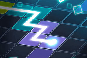 O grilă colorată cu pătrate și o linie luminoasă zigzagă prin ea