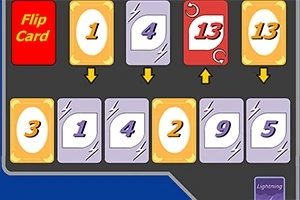 Cărți numerotate și o carte roșie cu textul Flip Card aranjate pe un fundal închis, cu săgeți indicând direcția cărților