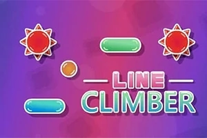 Fundal colorat cu forme geometrice, inclusiv două soare roșii, bile galbene și blocuri albastre și verzi, alături de textul Line Climber