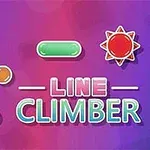 Fundal colorat cu forme geometrice, inclusiv două soare roșii, bile galbene și blocuri albastre și verzi, alături de textul Line Climber