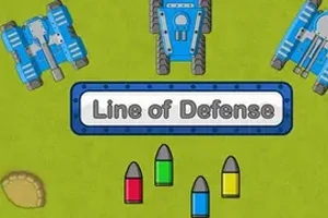 Tancuri albastre și gloanțe colorate pe un fundal verde cu un semn central care afișează textul Line of Defense