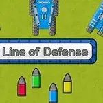 Tancuri albastre și gloanțe colorate pe un fundal verde cu un semn central care afișează textul Line of Defense
