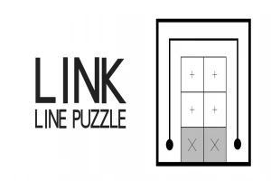 Textul LINK LINE PUZZLE lângă un pătrat împărțit în secțiuni cu simboluri plus și x și linii conectate