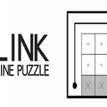 Textul LINK LINE PUZZLE lângă un pătrat împărțit în secțiuni cu simboluri plus și x și linii conectate