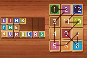 Plăci colorate din lemn cu litere care formează cuvintele LINK THE NUMBERS și un puzzle numeric cu numere legate prin linii
