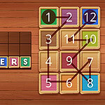 Plăci colorate din lemn cu litere care formează cuvintele LINK THE NUMBERS și un puzzle numeric cu numere legate prin linii