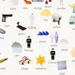 Pictograme și cuvinte reprezentând diverse elemente precum vulcan, plantă, pistol, mormânt, foc, și altele, dispuse pe un fundal deschis