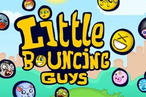 Textul Little Bouncing Guys este înconjurat de emoticoane rotunde pe un fundal albastru cu nori și elemente de peisaj