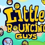 Textul Little Bouncing Guys este înconjurat de emoticoane rotunde pe un fundal albastru cu nori și elemente de peisaj