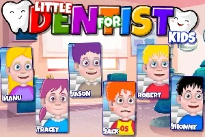 Personaje animate cu fețe zâmbitoare și colorate, reprezentând copii cu nume diferite, pe fundalul unui cabinet stomatologic