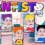 Personaje animate cu fețe zâmbitoare și colorate, reprezentând copii cu nume diferite, pe fundalul unui cabinet stomatologic
