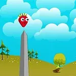 Căpșună cu ochi mari pe un obelisc într-un peisaj colinar cu cer albastru și nori pufoși