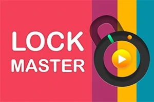Textul alb „LOCK MASTER” pe un fundal colorat, cu un simbol de lacăt negru și buton de play
