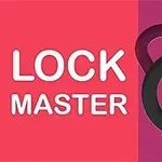 Textul alb „LOCK MASTER” pe un fundal colorat, cu un simbol de lacăt negru și buton de play
