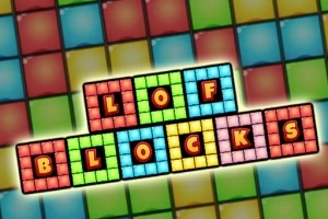 Blocuri colorate aranjate în fundal cu cuvântul „LOF BLOCKS” scris în blocuri colorate pe partea centrală