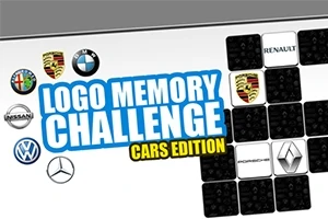 Logo-uri ale unor mărci auto și titlu albastru Logo Memory Challenge Cars Edition pe un fundal cu pătrate negre