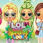 Patru personaje animate cu părul colorat și ochelari de soare, în ținute de primăvară, stând în fața unui fundal verde cu un logo colorat