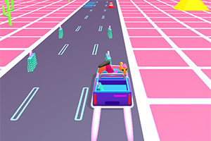 Mașină roz albastră pe o șosea futuristă, cu obstacole și fundal roz vibrant