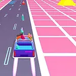 Mașină roz albastră pe o șosea futuristă, cu obstacole și fundal roz vibrant