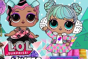 Două păpuși stilizate cu ochi mari și păr colorat, una purtând o fundă albastră și cealaltă având căști de urechi pufoase, pe un fundal pastelat