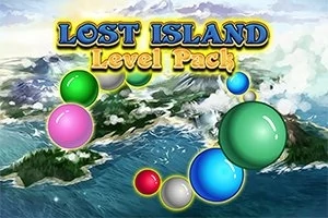 Textul Lost Island Level Pack este suprapus peste un peisaj insular, cu bile colorate în prim-plan