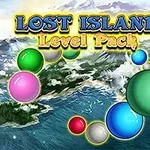 Textul Lost Island Level Pack este suprapus peste un peisaj insular, cu bile colorate în prim-plan
