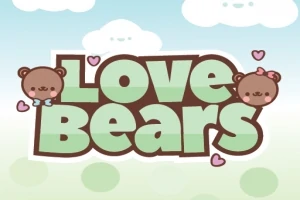 Text „Love Bears” cu două fețe de ursuleți și inimioare pe un fundal albastru cu nori