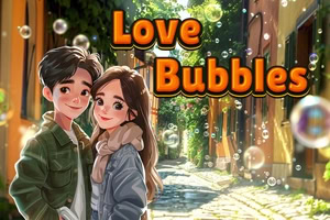 Cuplu tânăr zâmbitor îmbrățișat pe o stradă însorită, cu bule de săpun și textul „Love Bubbles