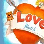 In imagine este un cupidon desenat, un ursuleț de pluș și un banner cu textul „Love Match” în fața unei inimi străpunse de o săgeată