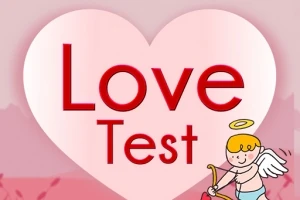 Un fundal roz cu un inimioară mare albă și textul „Love Test”, alături de un înger cupidon zâmbitor cu un arc