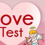 Un fundal roz cu un inimioară mare albă și textul „Love Test”, alături de un înger cupidon zâmbitor cu un arc