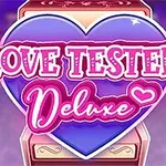 Un fundal violet cu o inimă mare albastră în centrul imaginii, pe care este scris Love Tester: Deluxe în litere roz