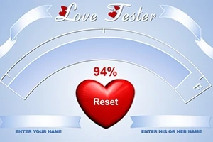 Ecran cu design bleu și un procentaj de 94% într-o inimă roșie centrală, însoțită de textul Love Tester