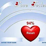 Ecran cu design bleu și un procentaj de 94% într-o inimă roșie centrală, însoțită de textul Love Tester