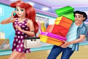 O femeie cu păr roșu în rochie violet cu buline albe se plimbă într-un magazin de lux, în timp ce un bărbat poartă o grămadă de cutii colorate