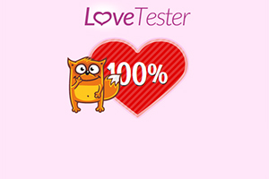 Un fundal roz cu un text Love Tester, un personaj animat portocaliu și un inimă roșie cu textul 100%