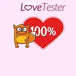 Un fundal roz cu un text Love Tester, un personaj animat portocaliu și un inimă roșie cu textul 100%