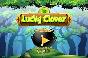 Un cazan plin cu monede de aur și un buton de redare pe un fundal de pădure, cu un semn verde care afișează textul Lucky Clover