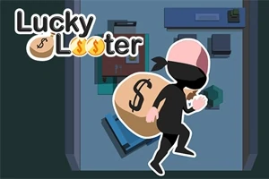 Un personaj mascat cu un sac de bani într-o cameră, văzut de sus, cu textul Lucky Looter în colțul stânga sus