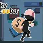 Un personaj mascat cu un sac de bani într-o cameră, văzut de sus, cu textul Lucky Looter în colțul stânga sus