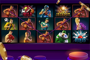 Imagini cu sportivi și simboluri tematice într-un format de păcănele, incluzând WILD, JACKPOT și BONUS