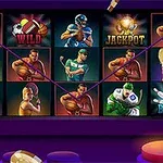 Imagini cu sportivi și simboluri tematice într-un format de păcănele, incluzând WILD, JACKPOT și BONUS