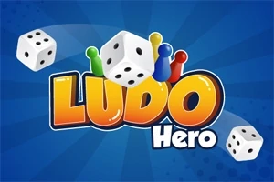 Cuvintele Ludo Hero în culori vibrante, înconjurate de zaruri și figurine multicolore pe un fundal albastru