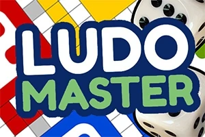 Textul LUDO MASTER în fața unui fundal colorat cu zaruri și pătrate colorate