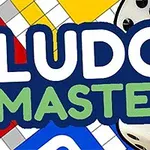 Textul LUDO MASTER în fața unui fundal colorat cu zaruri și pătrate colorate
