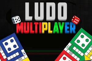 Textul „LUDO MULTIPLAYER” în culori vibrante, însoțit de două zaruri albe și roșii, și elemente de tablă de joc colorate în colțuri